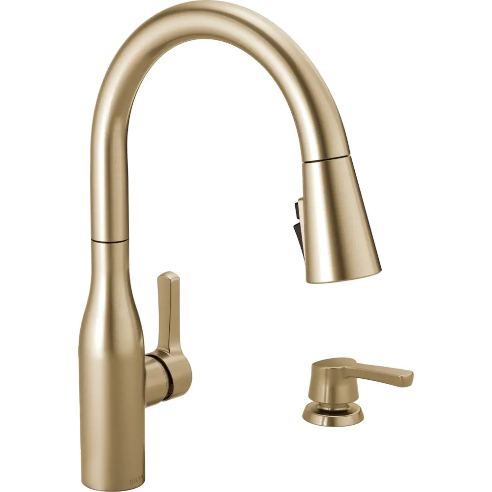 Delta Marca Single-Handle Pull-Down Sprayer Kitchen Faucet with  ShieldSpray Technology and Soap Dispenser in Gold